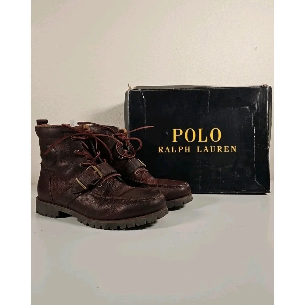 Polo Ralph Lauren Redmond Boots Men's Size 8.5 D Mahogany Leather Lace Up Buckle